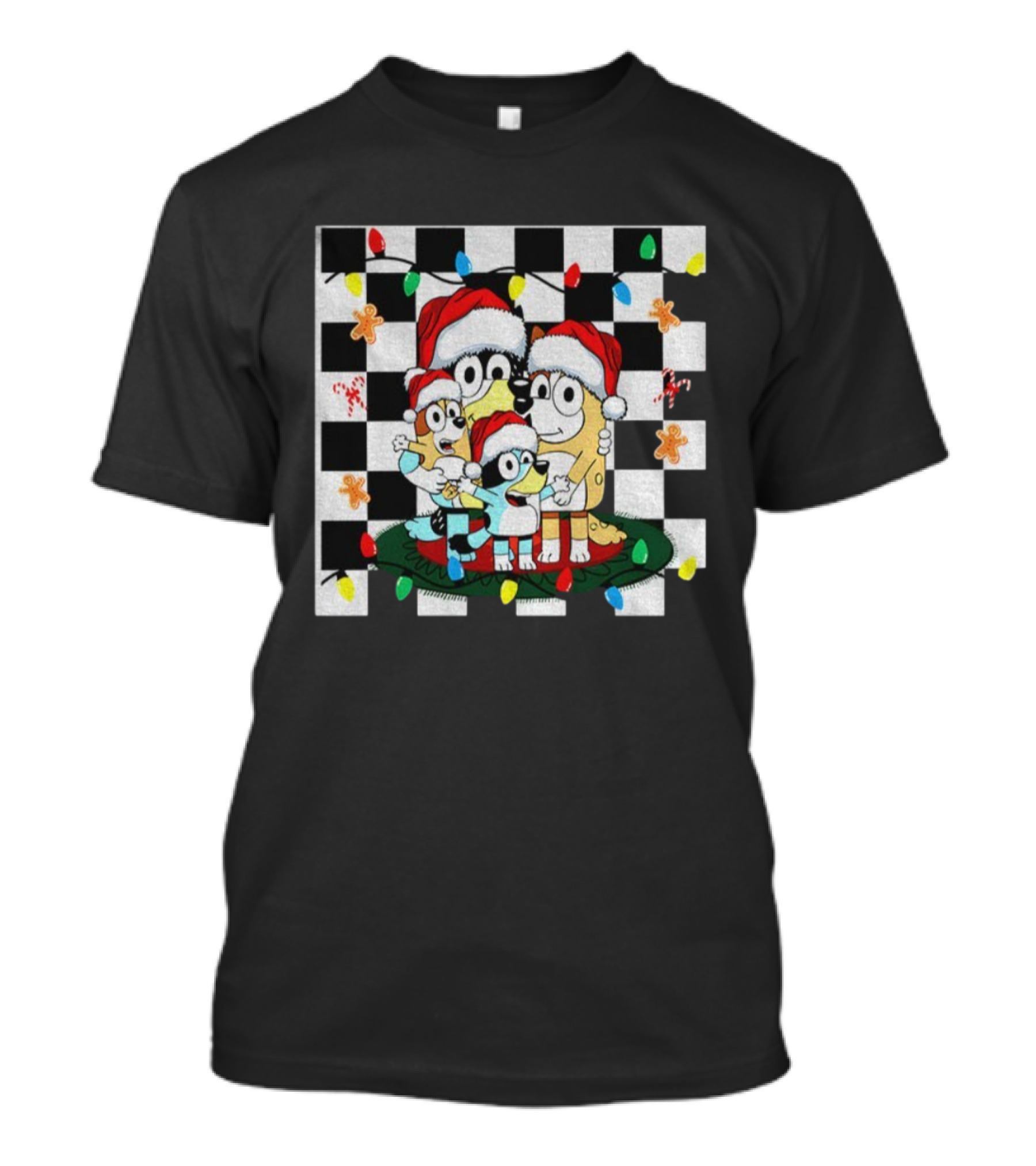 Bluey Family Christmas 2025 Santa Gingerbread Checkered Lights T-Shirt