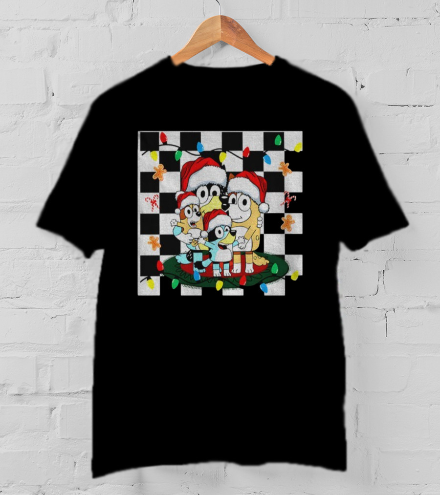Bluey Family Christmas 2025 Santa Gingerbread Checkered Lights T-Shirt