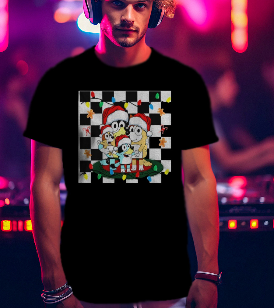 Bluey Family Christmas 2025 Santa Gingerbread Checkered Lights T-Shirt