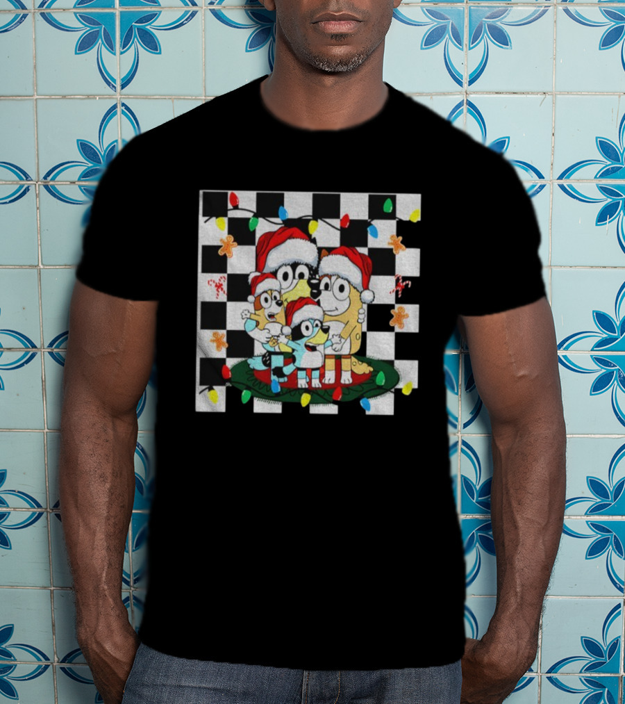 Bluey Family Christmas 2025 Santa Gingerbread Checkered Lights T-Shirt