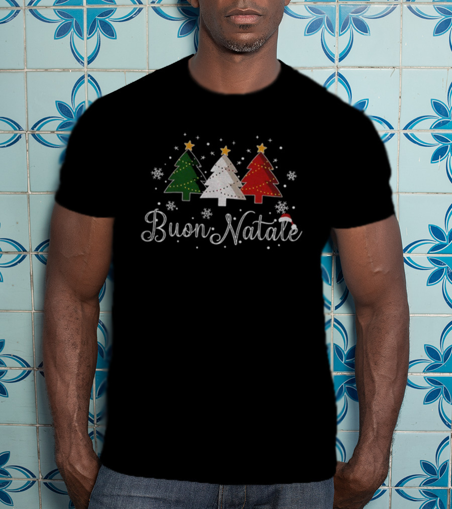 Buon Natale Italian Christmas Green White Red Trees Snowflakes Santa Hat T-Shirt