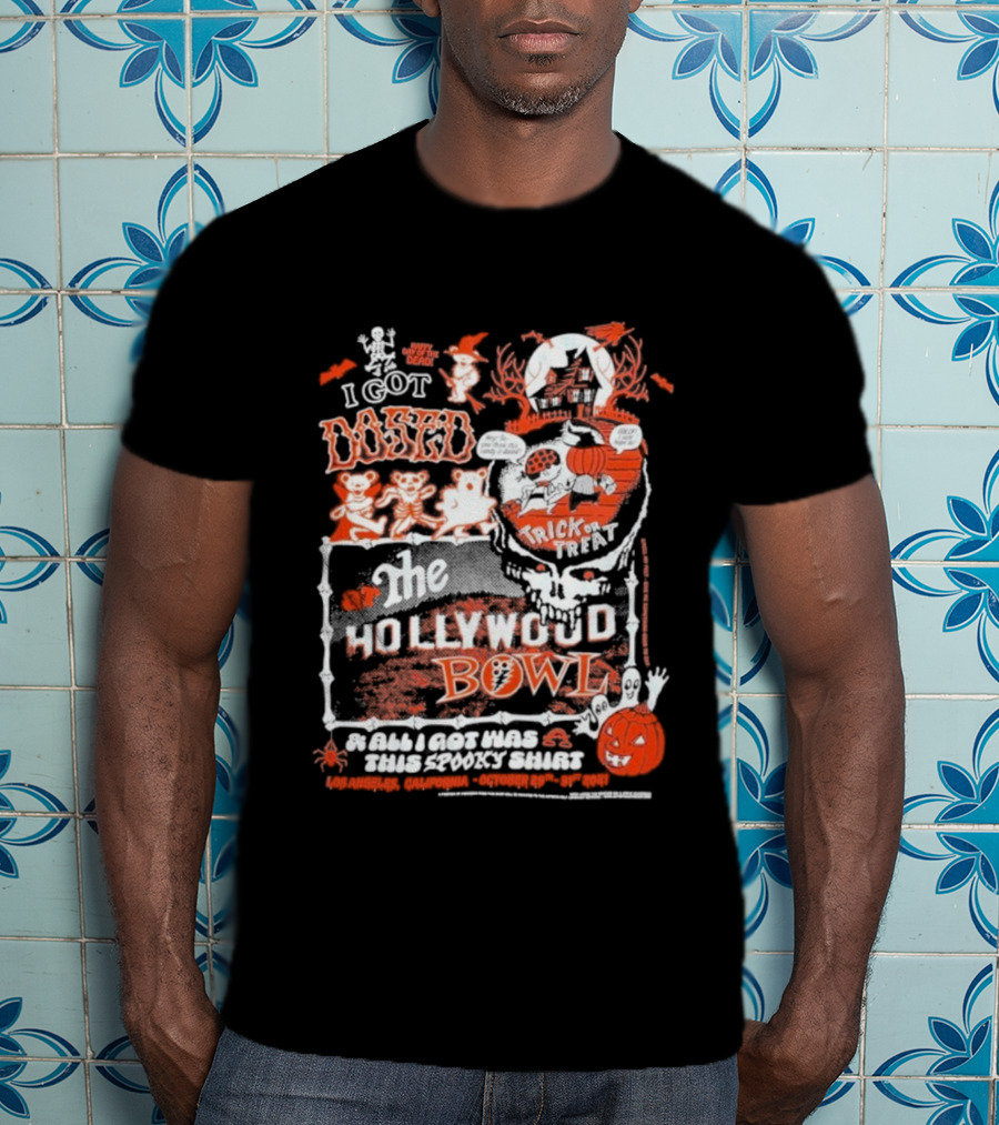 Hollywood Bowl Halloween Trick Or Treat I Got Booed Spooky Skeletons Pumpkin Fun T-Shirt