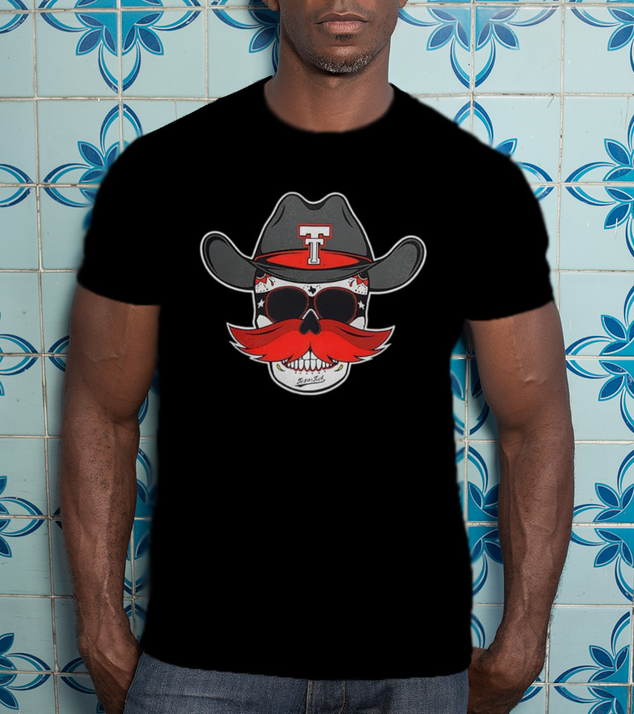 Texas Tech Red Raiders Skull Cowboy Hat And Mustache T-Shirt
