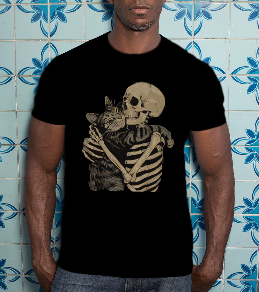 Skeleton Hugging Cat Gothic Skeleton Cat Hug T-Shirt