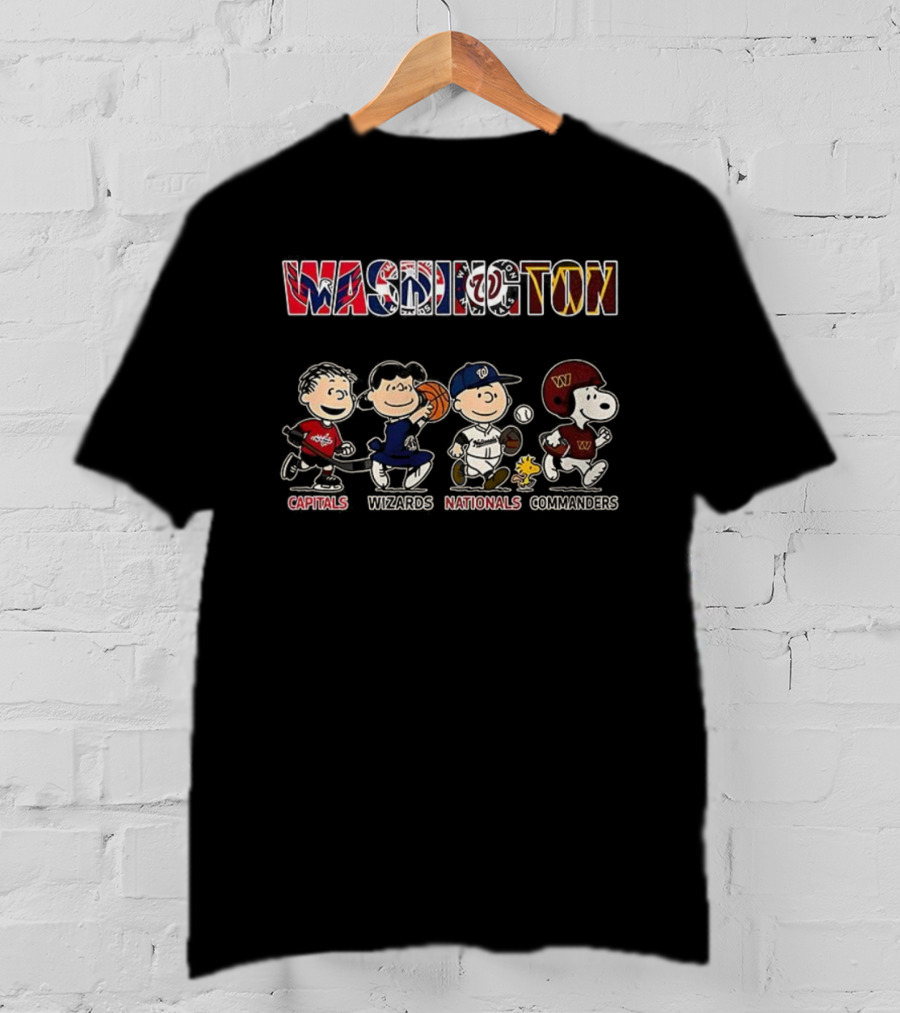 Peanuts Characters With Washington Capitals Wizards Nationals Commanders Logos T-Shirt