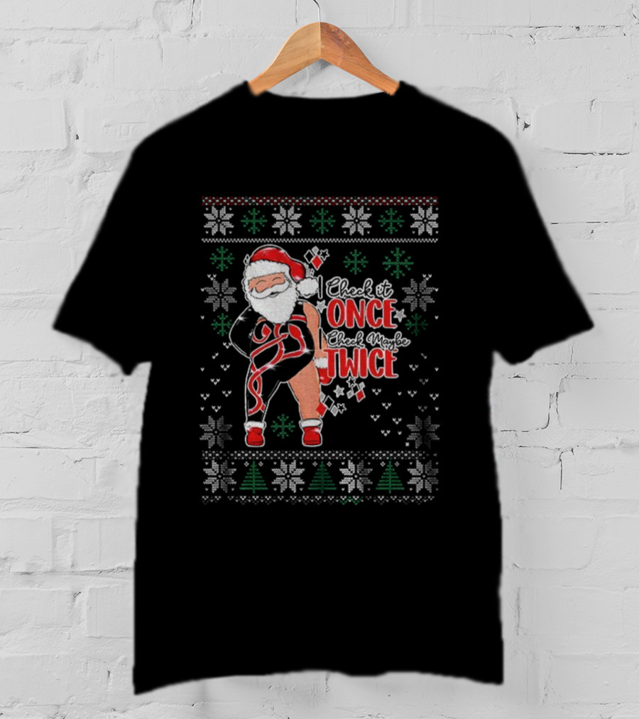Santa Merry Christmas I Check It Once Twice Snowflakes Trees T-Shirt
