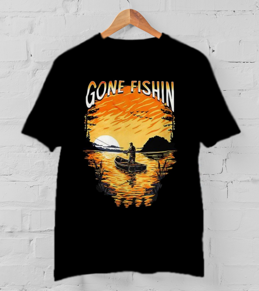 Gone Fishin Sunset Lake Boat Silhouette T-Shirt