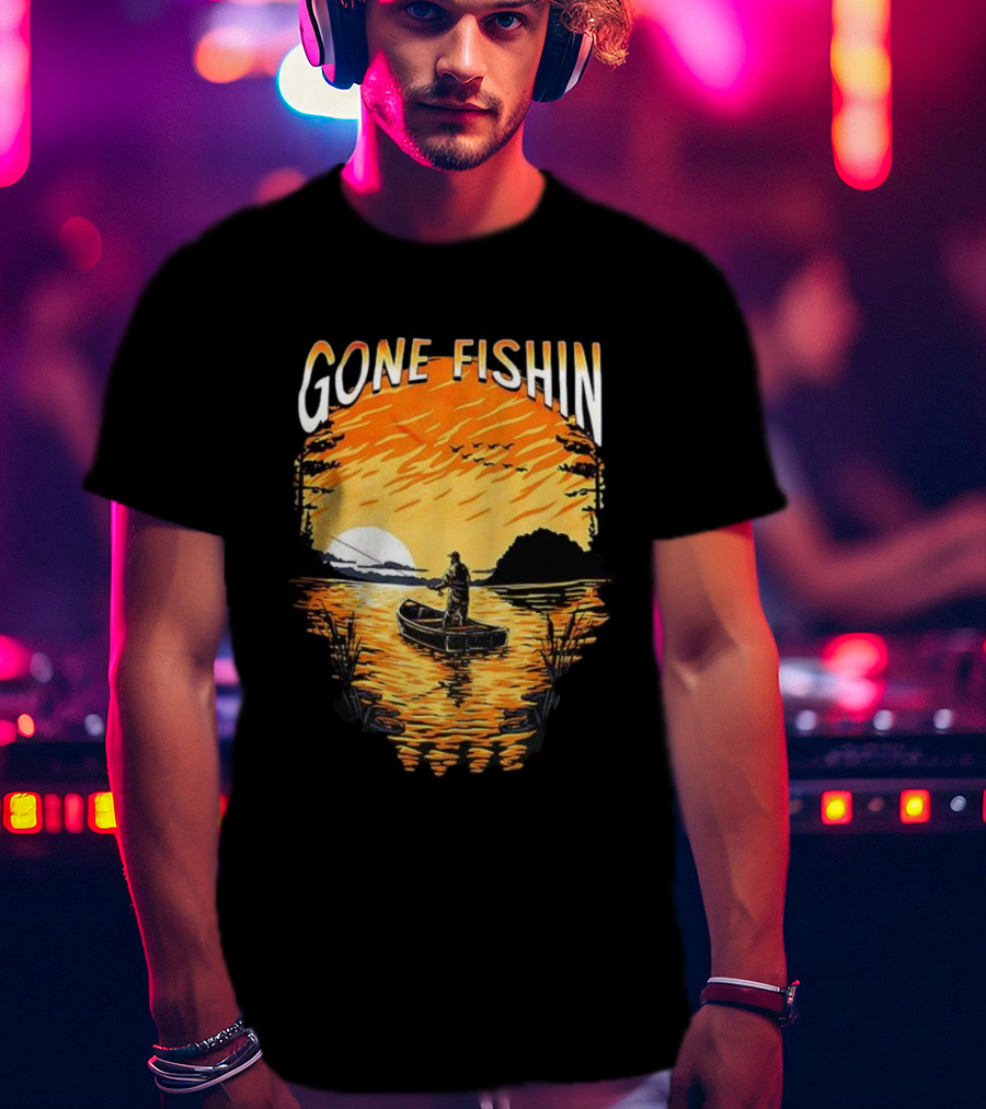 Gone Fishin Sunset Lake Boat Silhouette T-Shirt