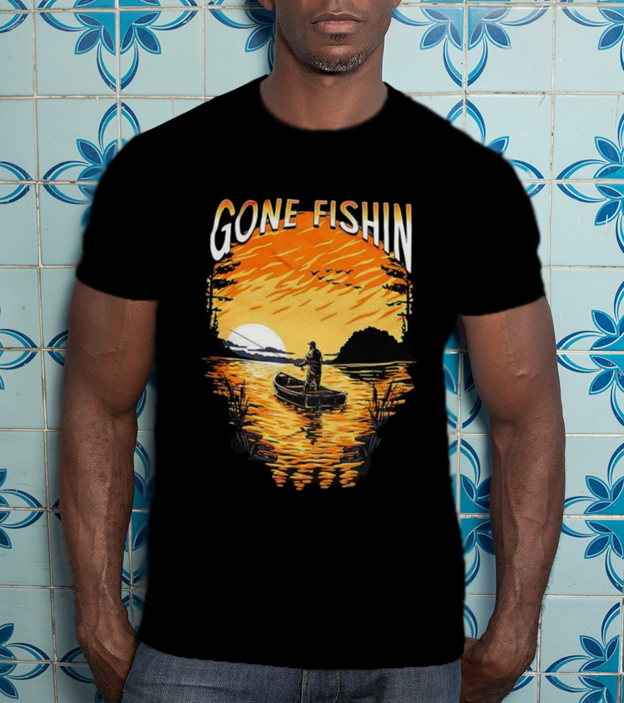 Gone Fishin Sunset Lake Boat Silhouette T-Shirt