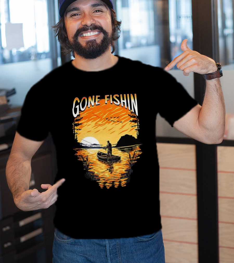 Gone Fishin Sunset Lake Boat Silhouette T-Shirt