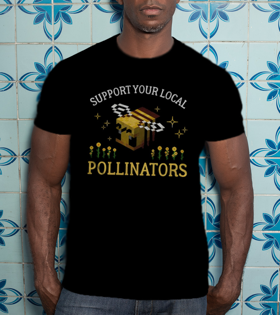 Support Your Local Pollinators Gamer Bee Pixel Art Flowers T-Shirt