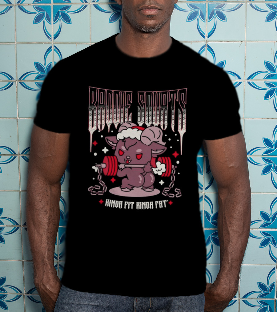 Baddie Squats Kinda Fit Kinda Fat Demon Lifting Weights Festive Santa Hat T-Shirt