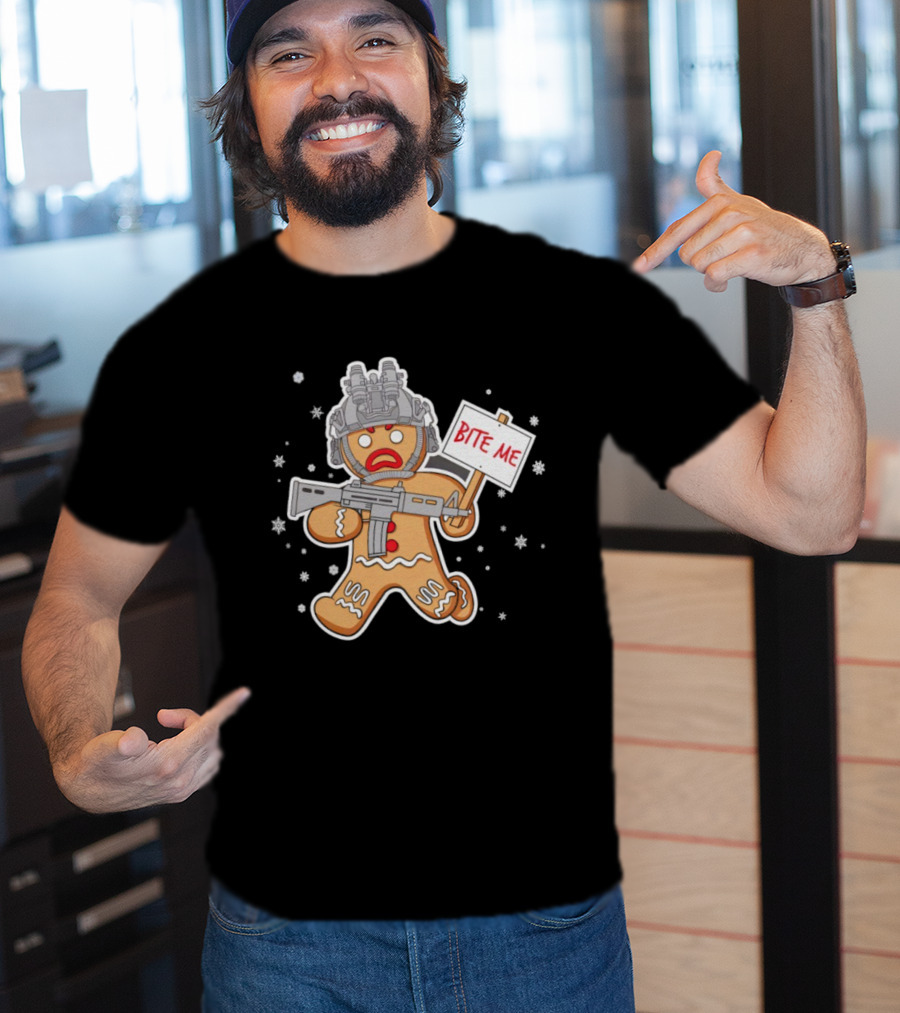 Bite Me Hostile Gingerbread Soldier Holding Sign With Weapon And Helmet T-Shirt