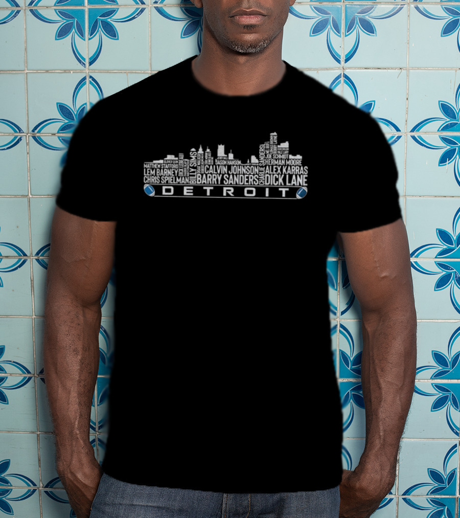 Detroit Lions City Skyline Legends Barry Sanders Calvin Johnson Dick Lane T-Shirt