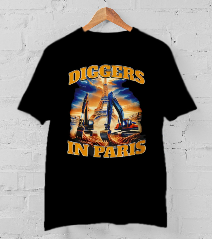 Diggers In Paris Eiffel Tower Excavators Scene T-Shirt