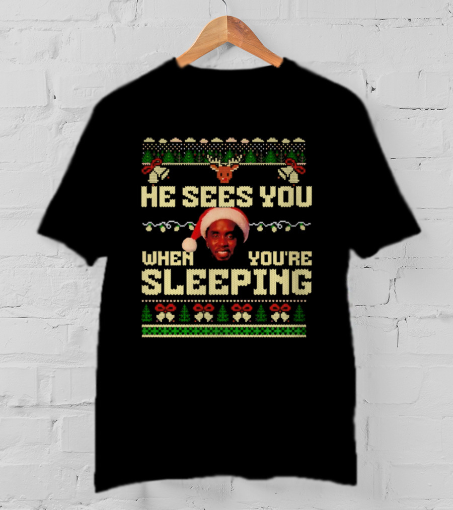 He Sees You When You’re Sleeping Christmas Lights Santa Hat Retro Style T-Shirt