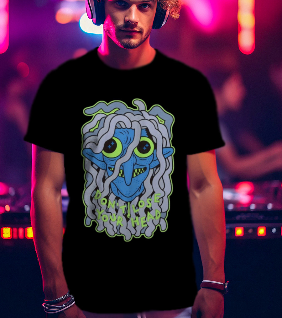 Head Lopper Don’t Lose Your Head Blue Monster Face Bright Green Eyes T-Shirt