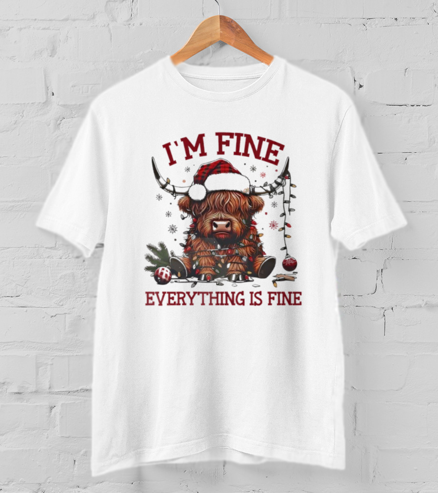 I'm Fine Everything Is Fine Christmas Lights Cow Holiday T-Shirt