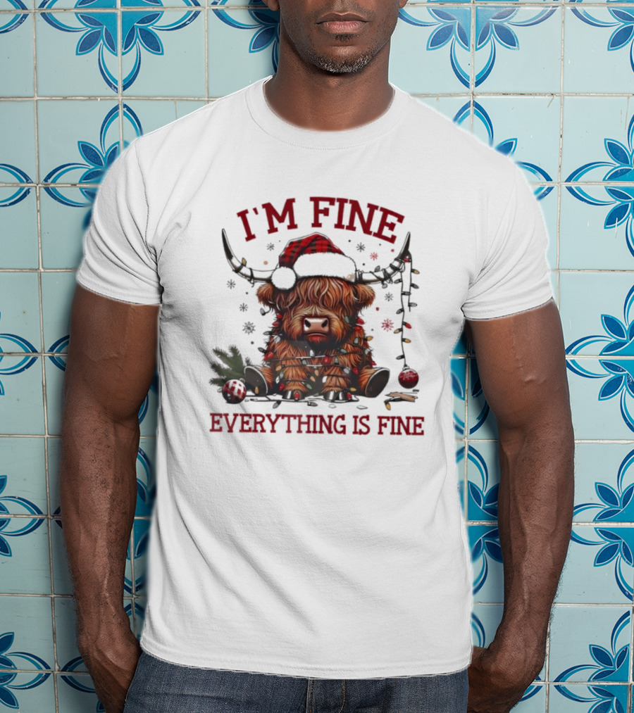 I'm Fine Everything Is Fine Christmas Lights Cow Holiday T-Shirt