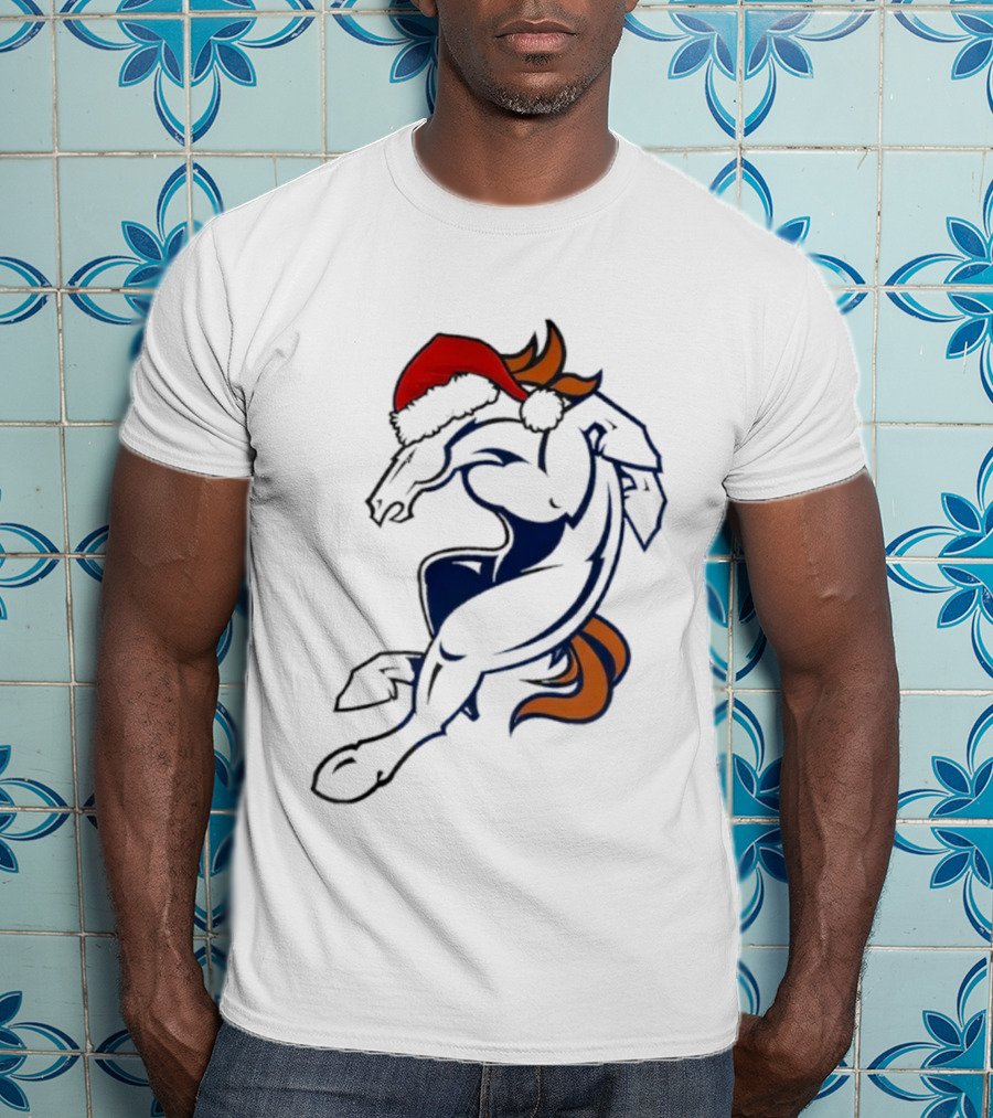 Denver Broncos Christmas Santa Hat Football Fan Design T-Shirt