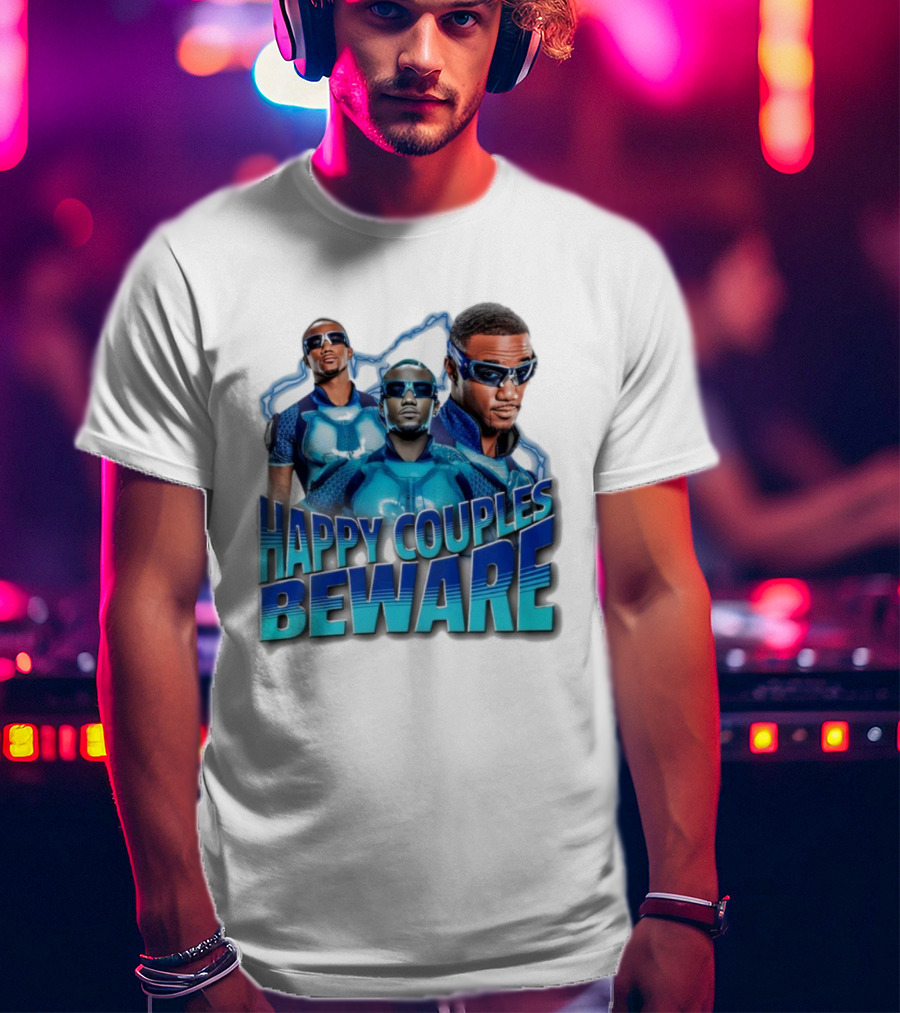Happy Couples Beware Blue Outfits And Sunglasses Trio T-Shirt