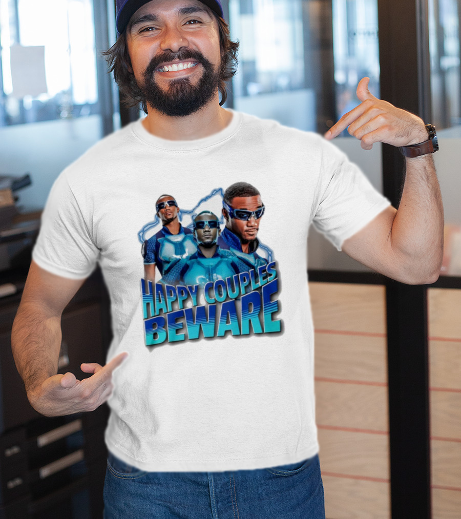 Happy Couples Beware Blue Outfits And Sunglasses Trio T-Shirt