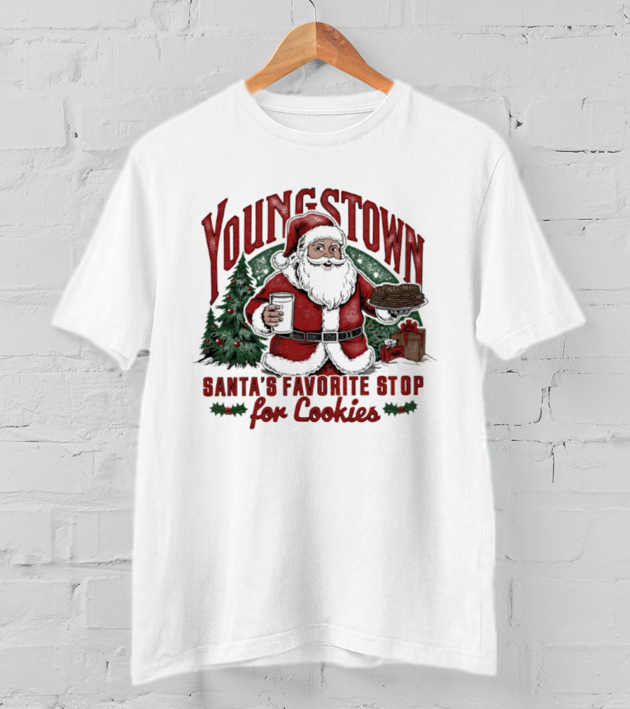 Youngstown Santa's Favorite Stop For Cookies Christmas Tree And Gifts T-Shirt