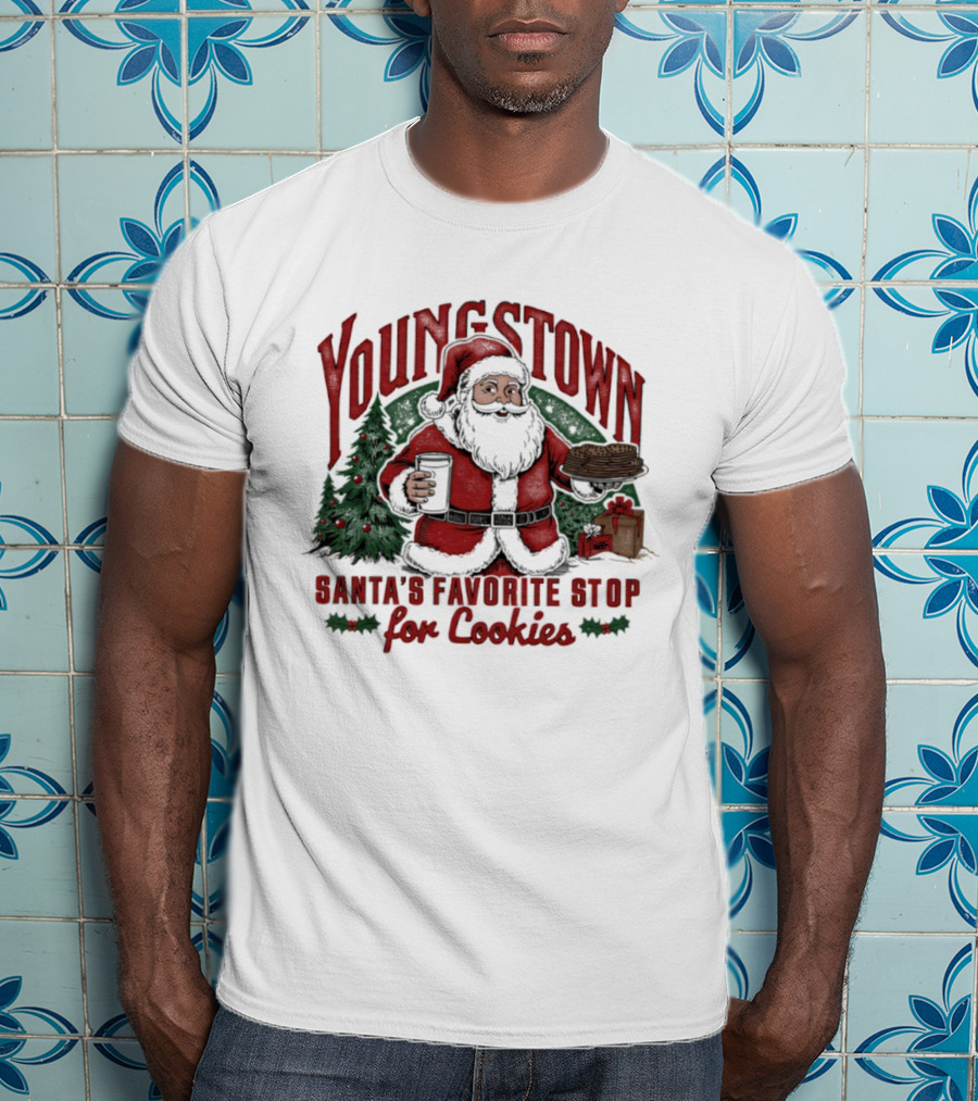 Youngstown Santa's Favorite Stop For Cookies Christmas Tree And Gifts T-Shirt