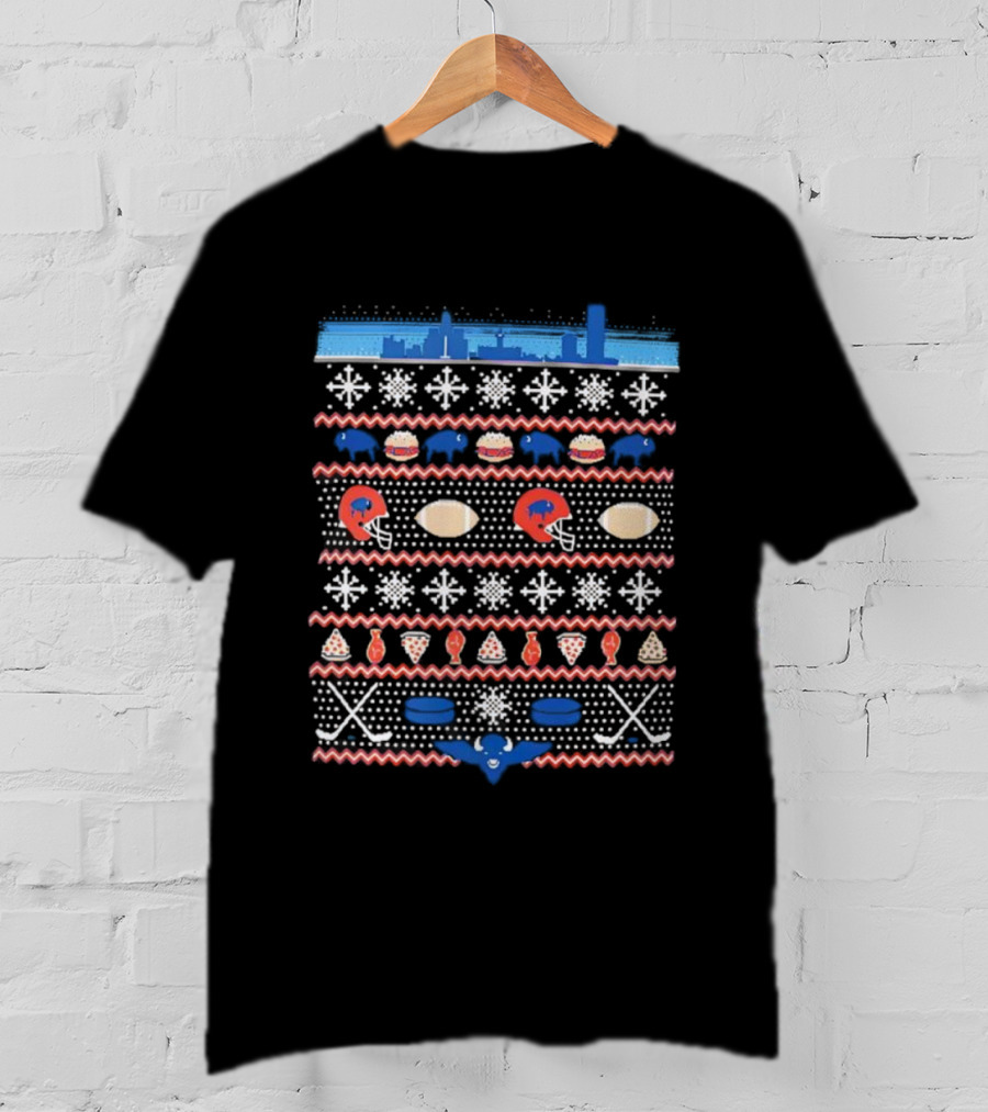 Buffalo Skyline Christmas Helmet Snowflakes Pizza Wings Burgers Football Pattern T-Shirt