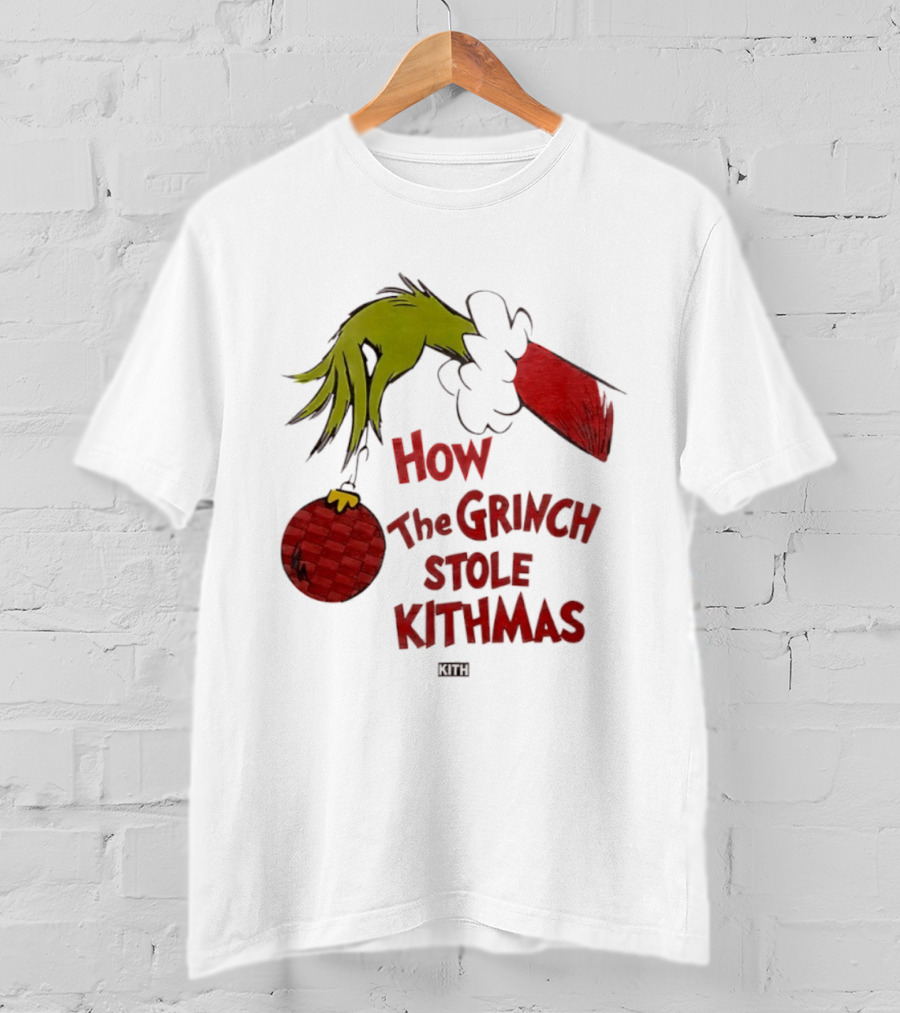 How The Grinch Stole Kithmas Green Figure Red Santa Hat Red Ornament T-Shirt