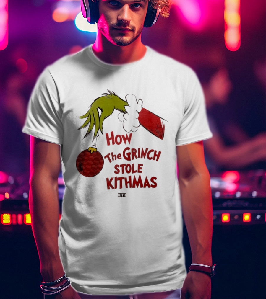 How The Grinch Stole Kithmas Green Figure Red Santa Hat Red Ornament T-Shirt