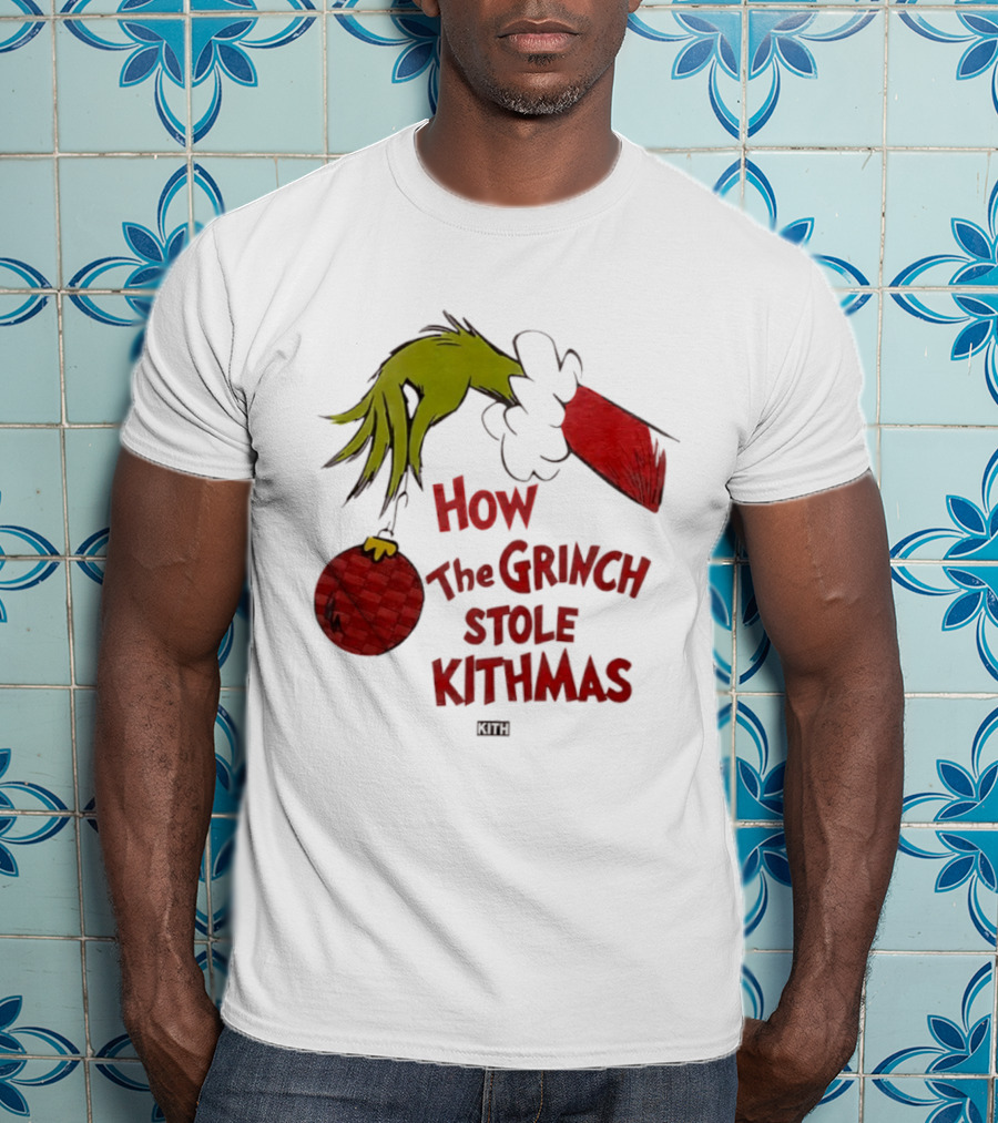 How The Grinch Stole Kithmas Green Figure Red Santa Hat Red Ornament T-Shirt