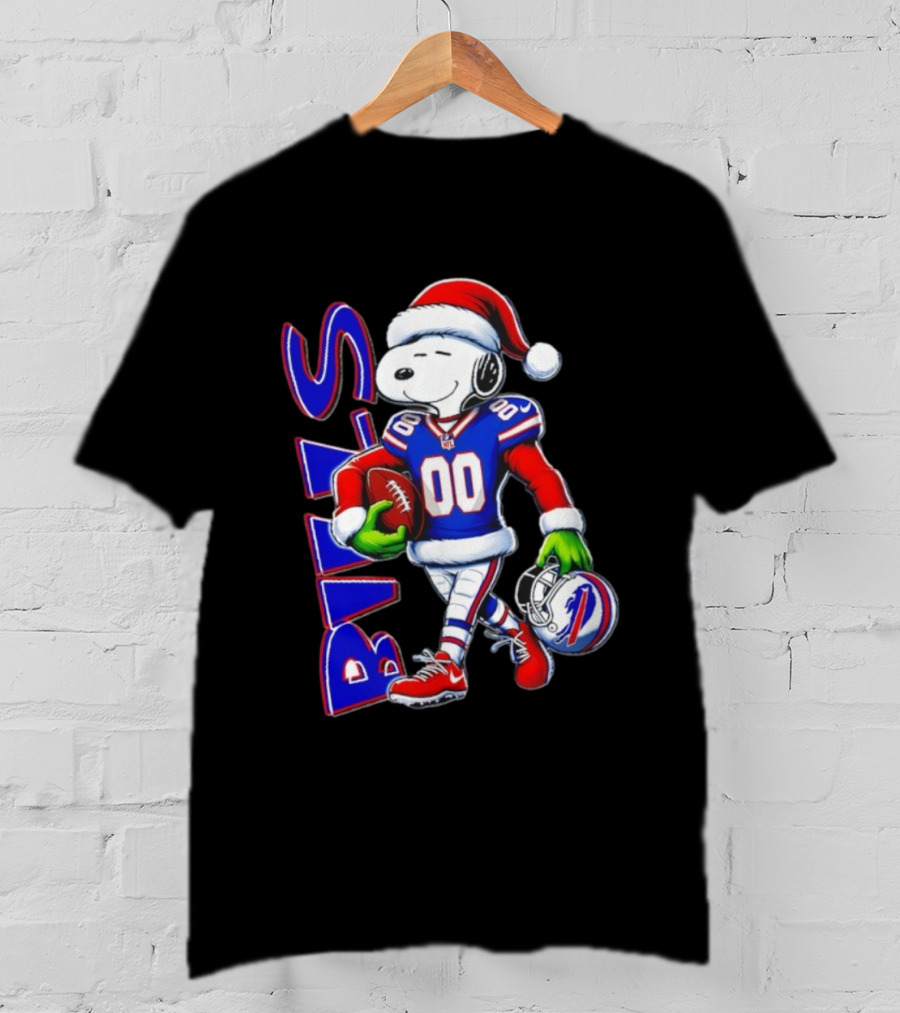 Buffalo Bills Snoopy Christmas NFL Football Player With Santa Hat And Grinch Hands T-Shirt