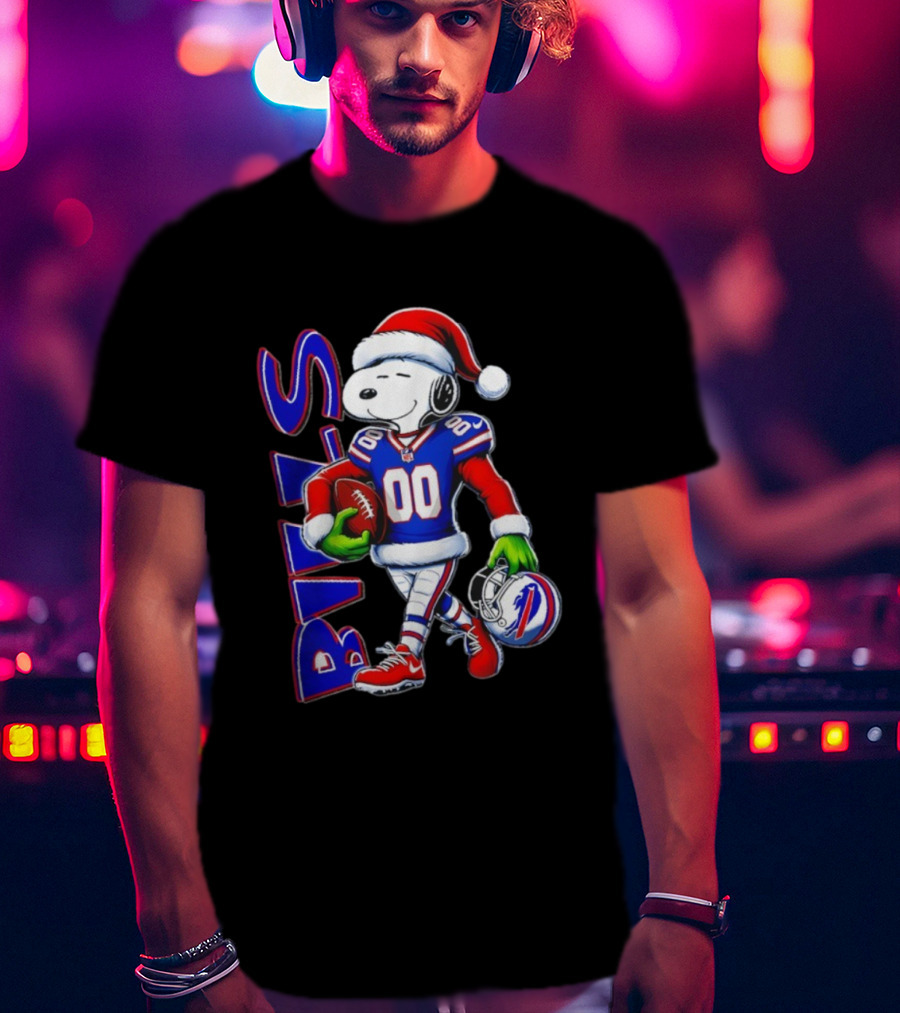 Buffalo Bills Snoopy Christmas NFL Football Player With Santa Hat And Grinch Hands T-Shirt
