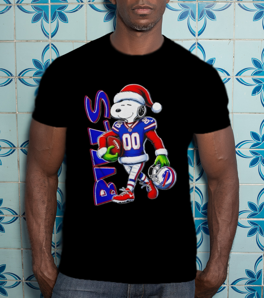 Buffalo Bills Snoopy Christmas NFL Football Player With Santa Hat And Grinch Hands T-Shirt