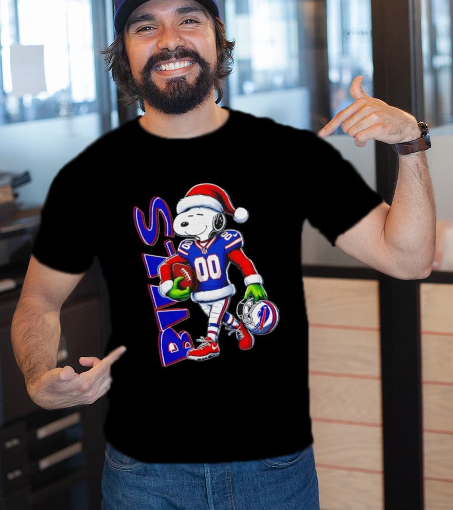 Buffalo Bills Snoopy Christmas NFL Football Player With Santa Hat And Grinch Hands T-Shirt