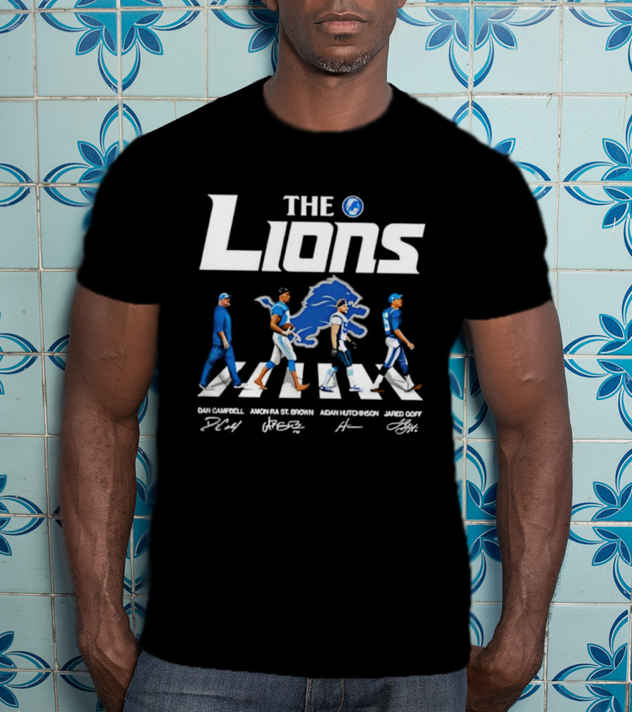 Detroit Lions Abbey Road Parody With Player Signatures T-Shirt