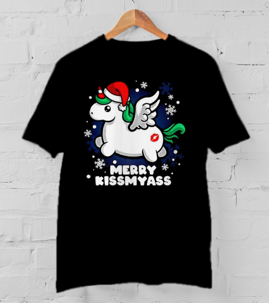 Merry Kissmyass Pegasus Santa Hat Snowflakes T-Shirt