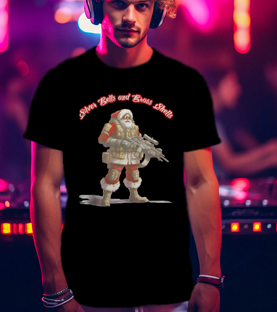 Silver Bells And Brass Shells Armed Santa Christmas T-Shirt
