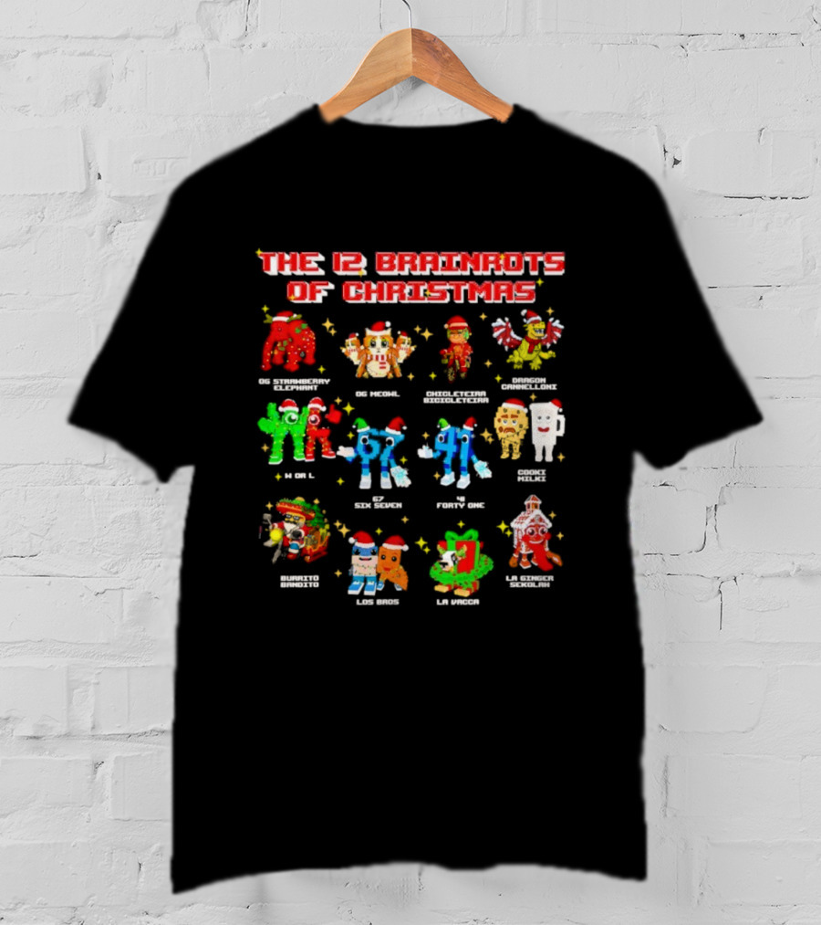 The 12 Brainrots Of Christmas Funny Festive Characters Santa Hats T-Shirt
