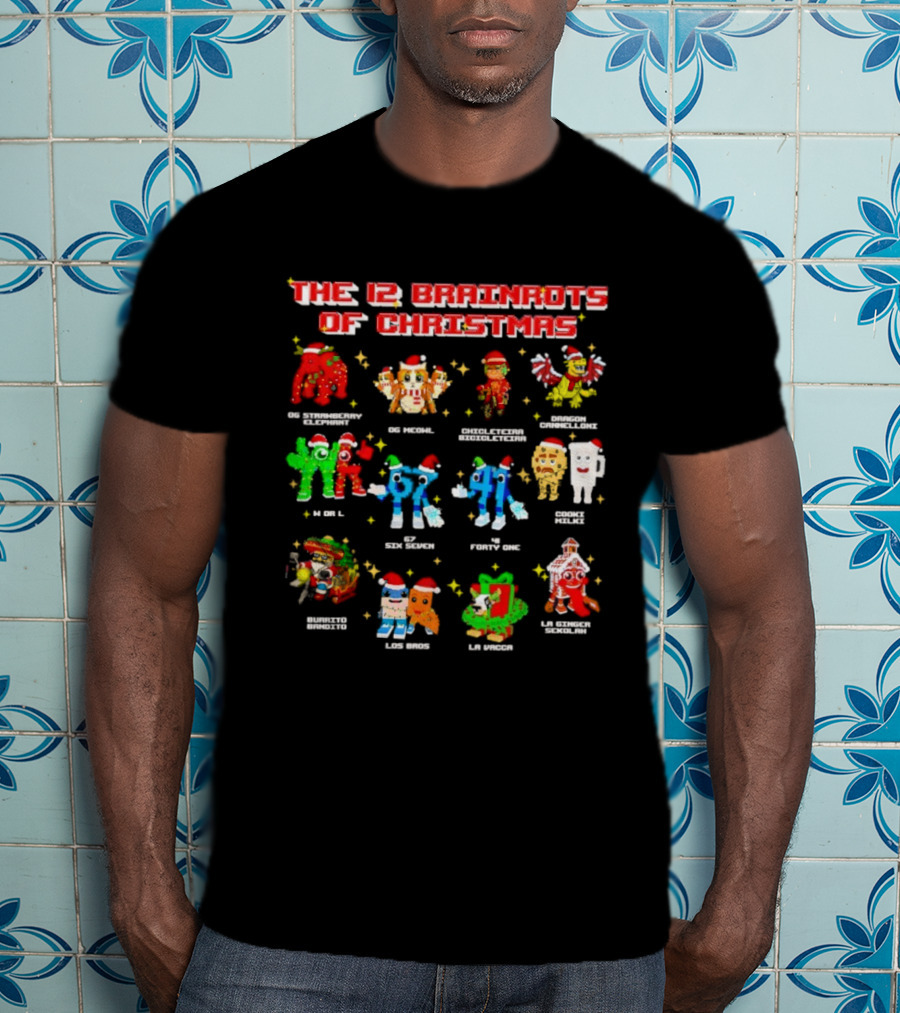 The 12 Brainrots Of Christmas Funny Festive Characters Santa Hats T-Shirt