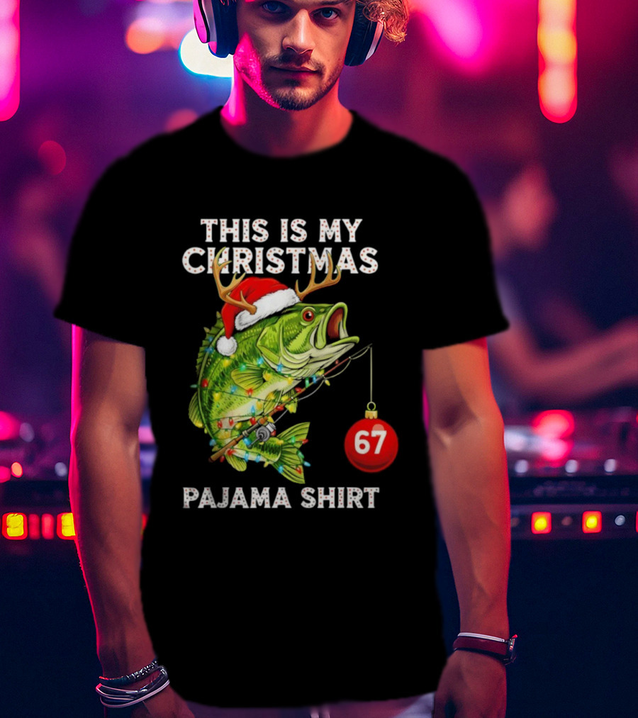 This Is My Christmas Pajama Bass Fish Santa Hat Lights Reindeer Antlers 67 Ornament T-Shirt
