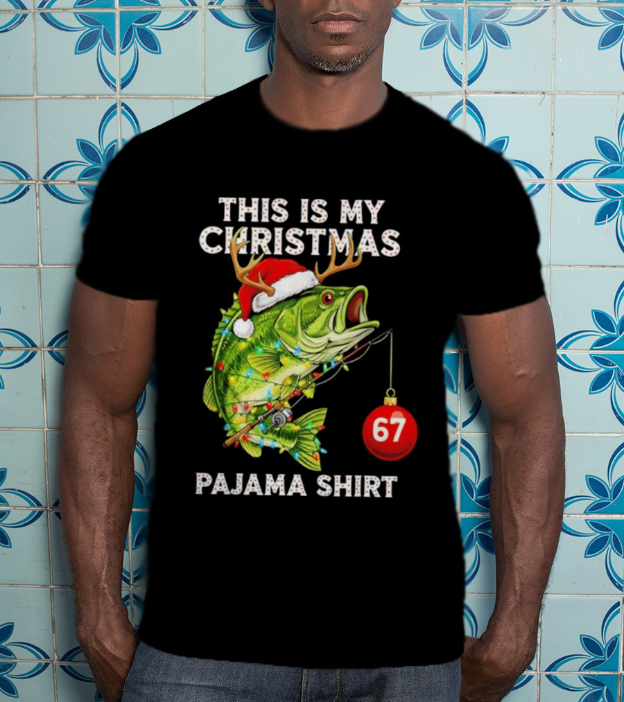 This Is My Christmas Pajama Bass Fish Santa Hat Lights Reindeer Antlers 67 Ornament T-Shirt