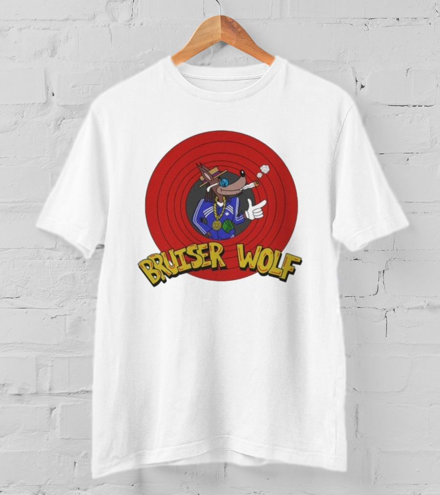 Bruiser Wolf Cartoon Vibes Smoking Character In Circular Red Background T-Shirt