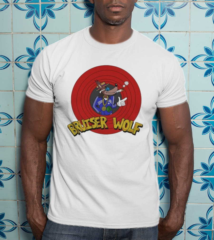 Bruiser Wolf Cartoon Vibes Smoking Character In Circular Red Background T-Shirt