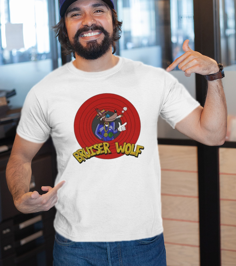 Bruiser Wolf Cartoon Vibes Smoking Character In Circular Red Background T-Shirt