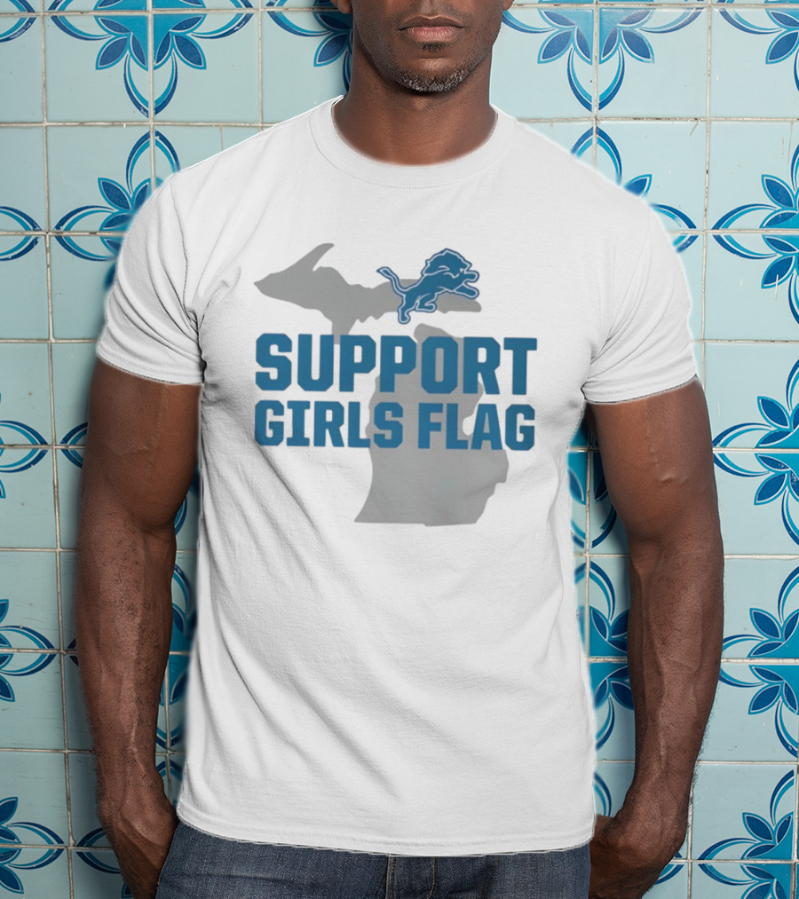 Detroit Lions Support Girls Flag Michigan Map T-Shirt