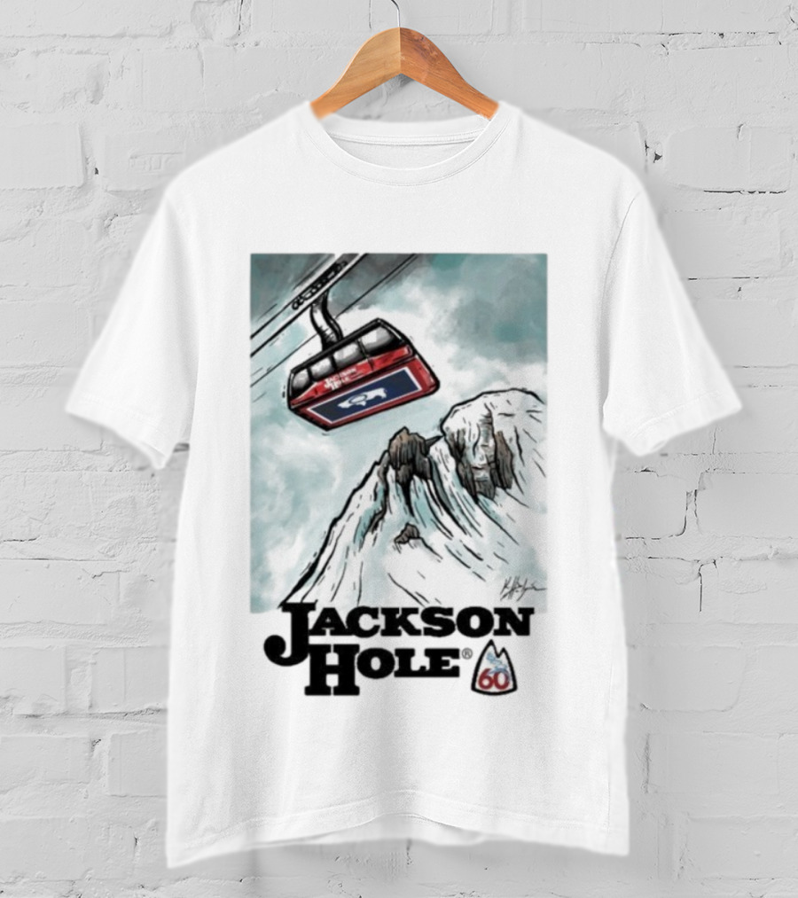 Jackson Hole 60th Anniversary Kelly Halpin Ski Tram Mountain Scene T-Shirt