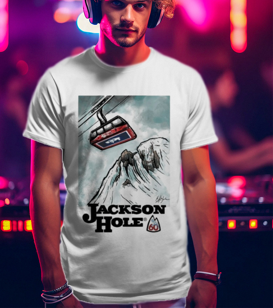 Jackson Hole 60th Anniversary Kelly Halpin Ski Tram Mountain Scene T-Shirt