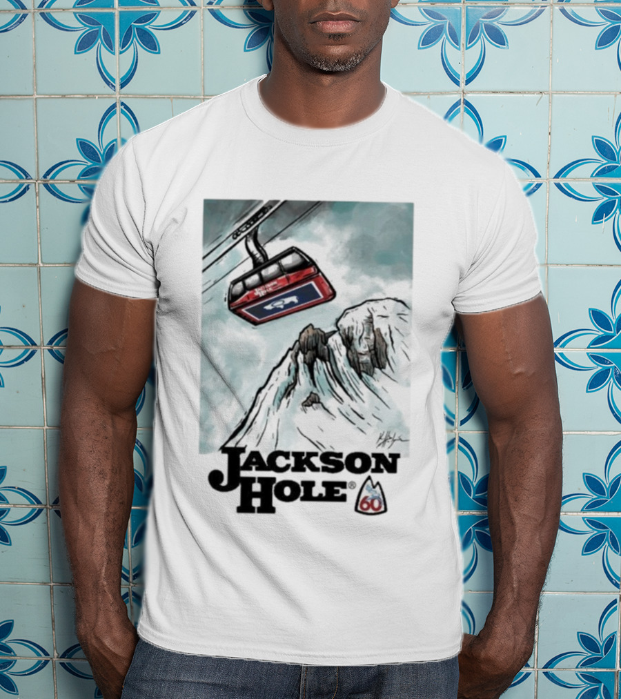 Jackson Hole 60th Anniversary Kelly Halpin Ski Tram Mountain Scene T-Shirt